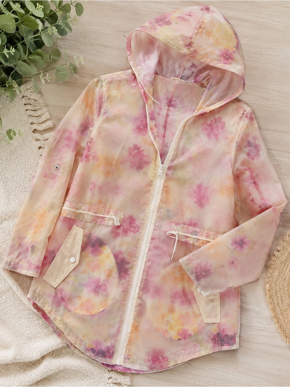 Nanette Lepore Pastel Floral Hooded Anorak Rain Coat - Pink, Yellow, Purple